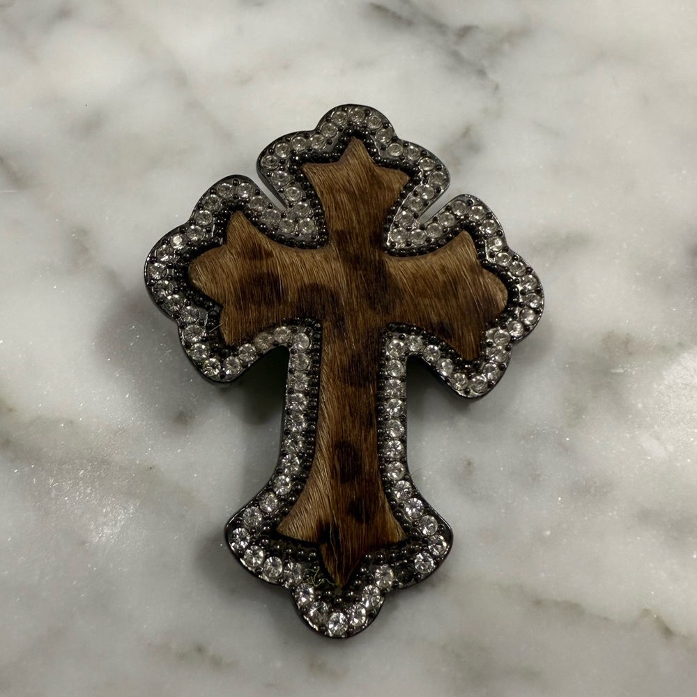 Brown Fur Cross Pendant with Rhinestone Accents